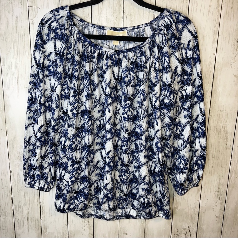 Michael Kors Tie Dye Blouse True Navy Blue White Size Small Scoop Neck